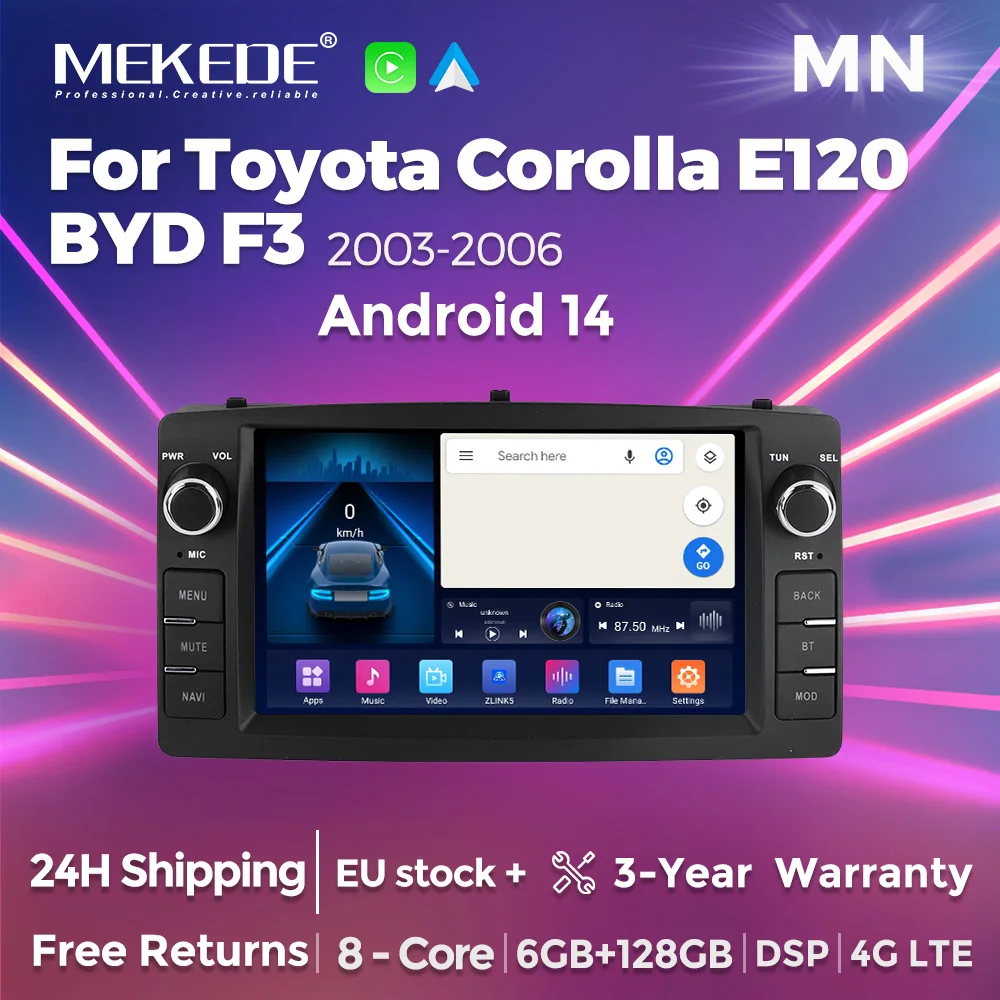 EU Warehouse 2din Android Wireless CarPlay Android auto Car Radio Multimedia GPS for Toyota Corolla E120 2003-2006 BYD F3 Stereo