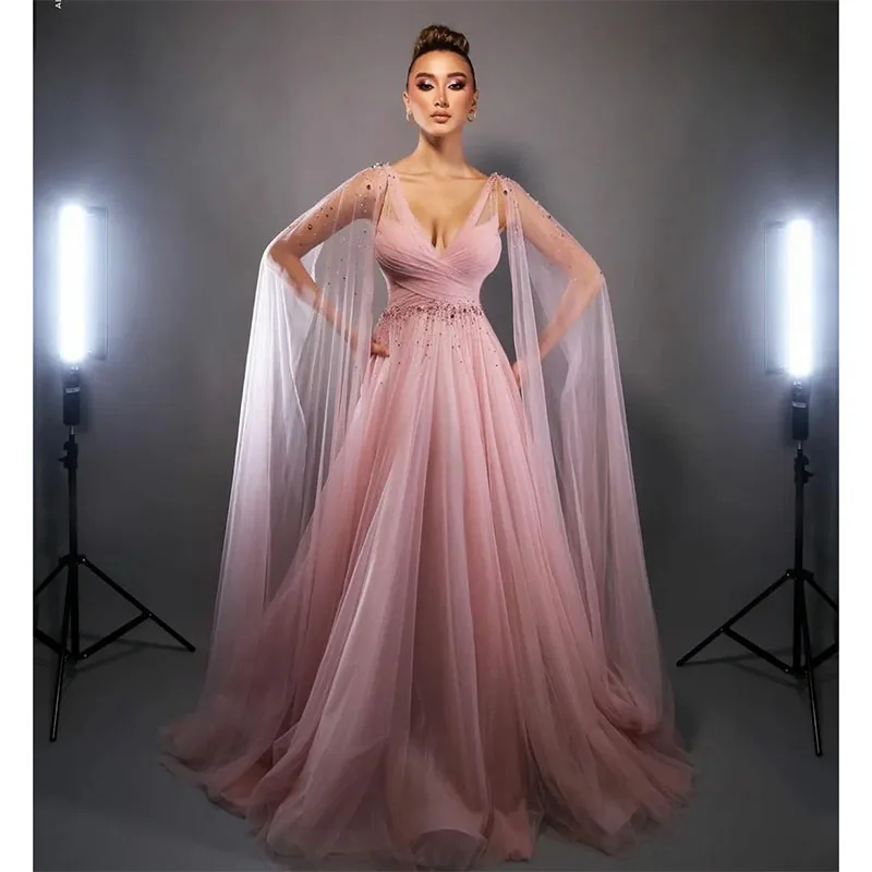 

Women's Long Pink Beaded Lace Prom Dresses Robe De Soiree A-Line Pleats Tulle V-Neck Floor Length Formal Party Dresses With Cape