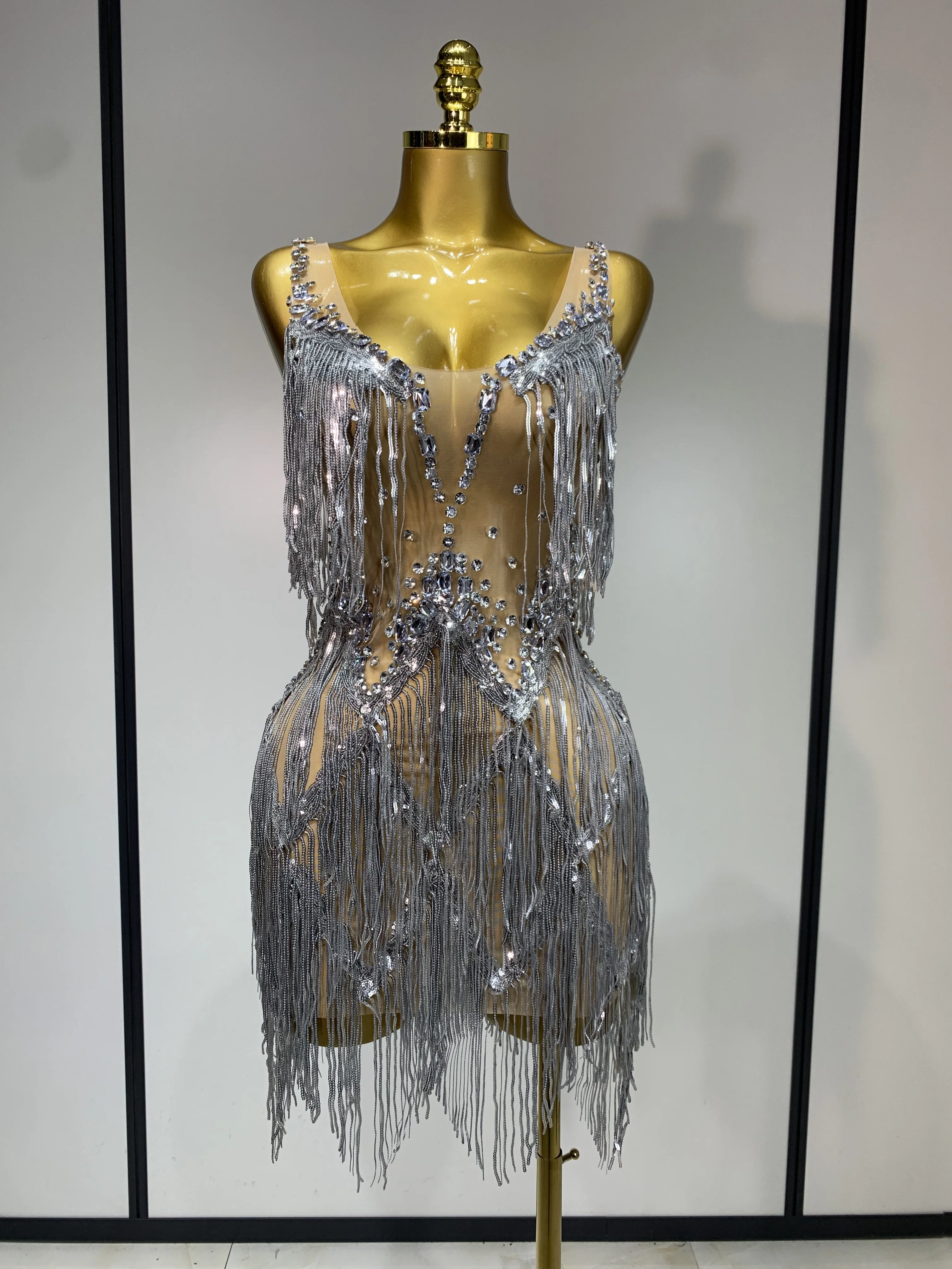 Sparkly Rhinestone Tassels Sexy Mesh See Through Dress 2025 Women Evening  Party Luxury Birthday Nightclub Perform Stage Costume - AliExpress 200000345