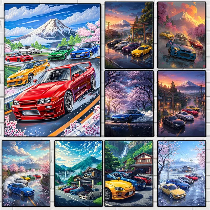 Anime Japanese JDM Car GTR Cherry Blossoms Poster Sports Cars and Mount Fuji Canvas Painting Wall Art for Living Room Home Decor