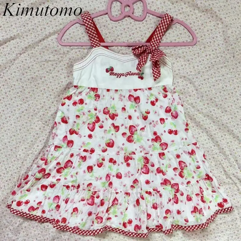 

Kimutomo 2025 New Tank Tops Summer Daughter Dress Japanese Strawberry Y2k Colorful Bow Grid Strap Cute Camisole Sleeveless Girl
