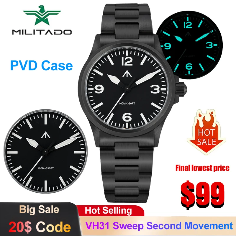 

Кварцевые часы Militado ML18 PVD с механизмом VH31/Swiss Ronda 515, куполообразным сапфировым стеклом, водонепроницаемостью 100 м, винтажные мужские часы