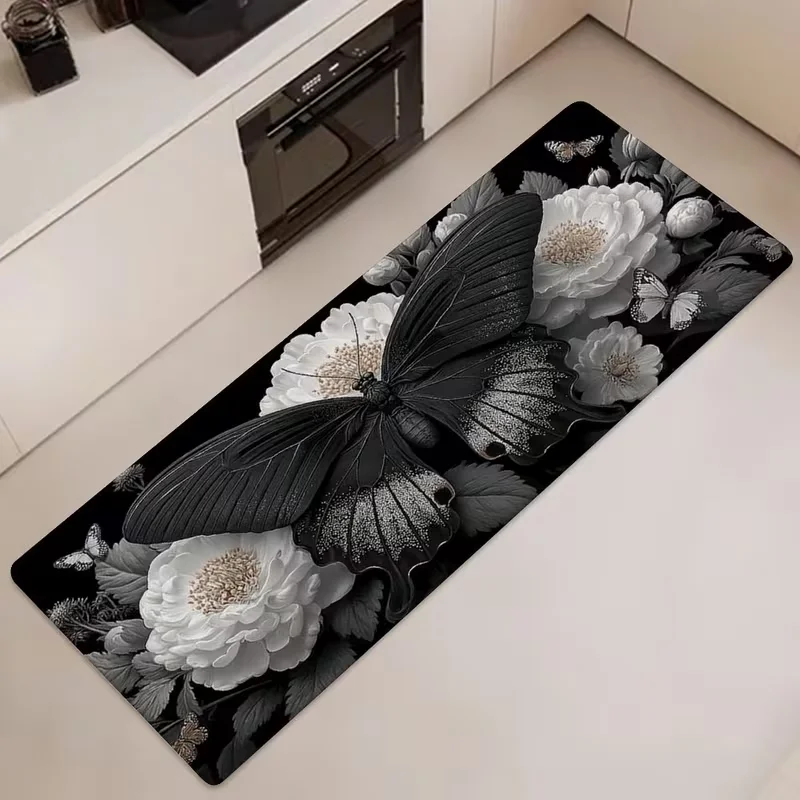 Mystical Moon Dragonfly Floral Runner Rug Dark Botanical Night Pattern Non Slip Floor Mat Gothic Style Kitchen Hallway Carpet