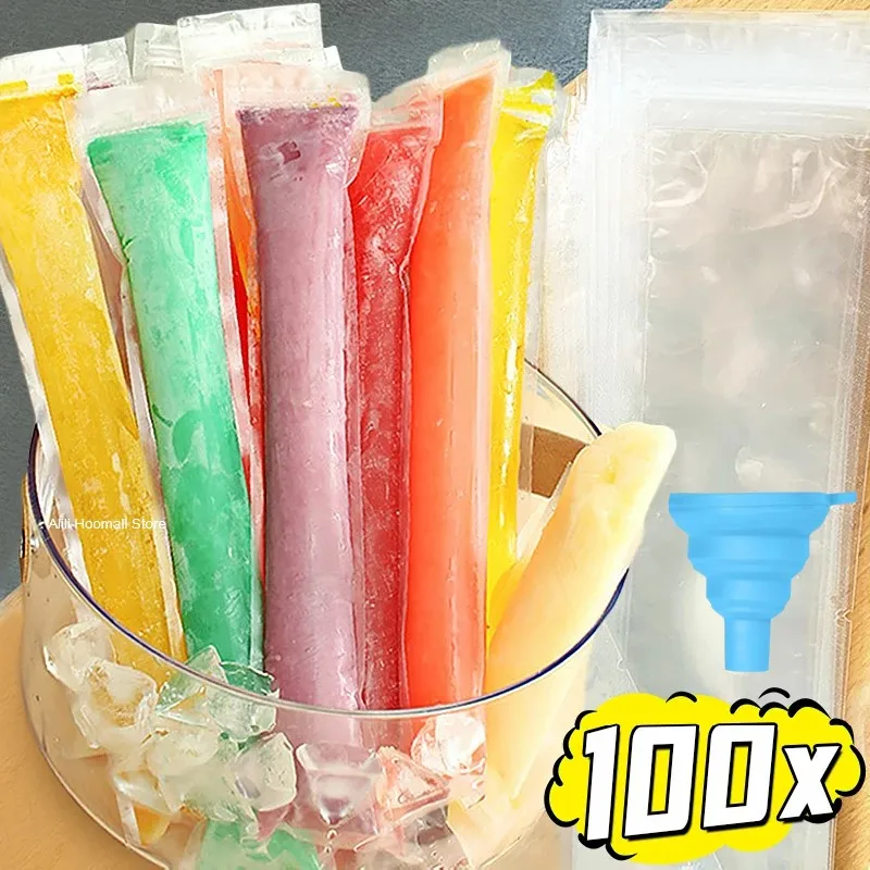 100/20Pcs Disposable Ice Mould Popsicle Mold Bag Large Freezer Pop Bags Food Grade Plastic Sealing Bag And Funnel Kitchen Gadget