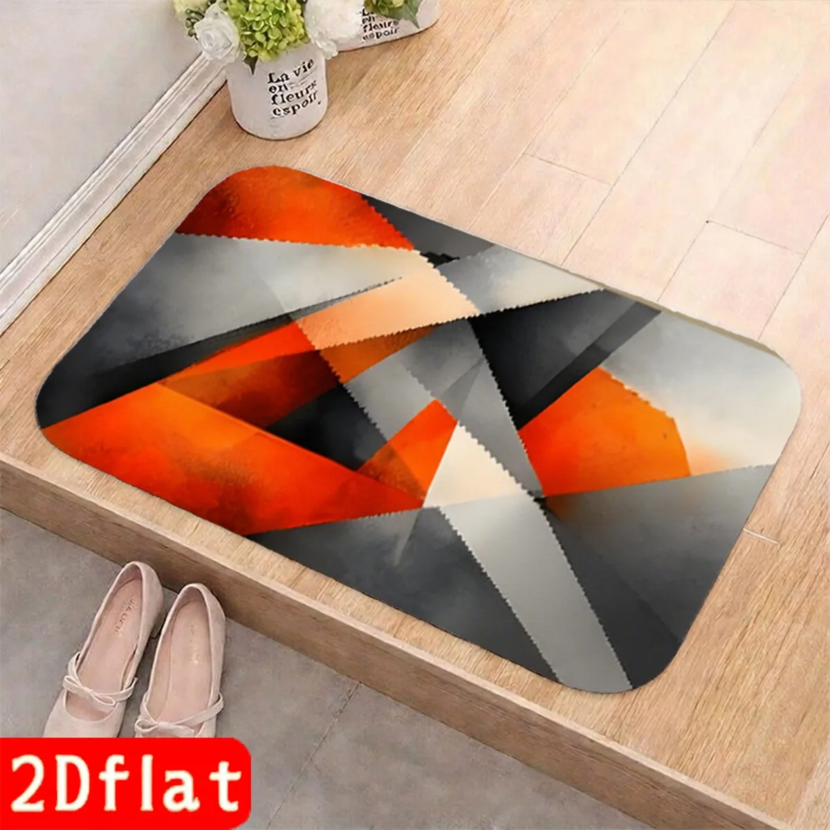 

2D Flat Modern Abstract Geometric Floor Mat Orange Gray Black Flannel Non Slip Rug Living Room Bedroom Porch Decor