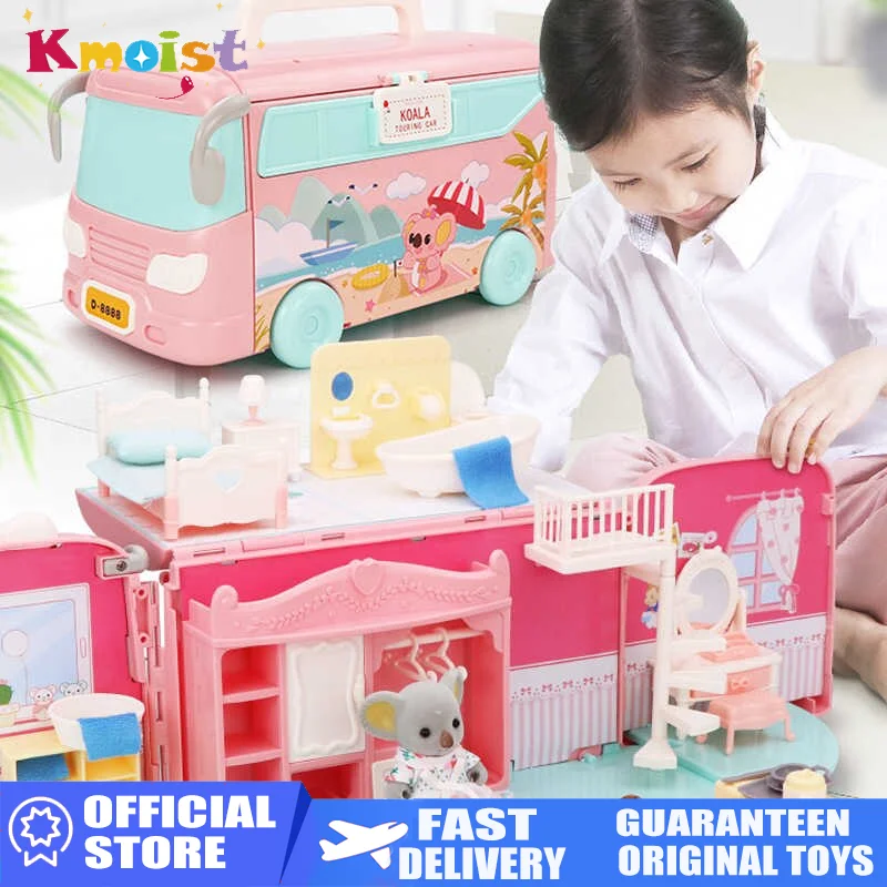 Koala Tour Bus Dollhouse Creative Crafts Miniature Animal Mini Rabbit Bear Play House Dolls Set Villa Furniture Toys Girls Gifts