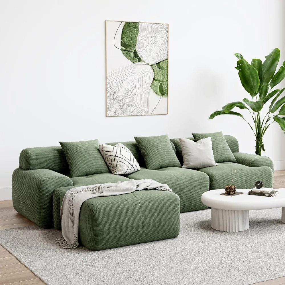 

118" Modern L-Shaped Sectional Sofa, Corduroy Fabric, Oversized 3-Seater Sofa with Deep Seat and Removable Ottoman