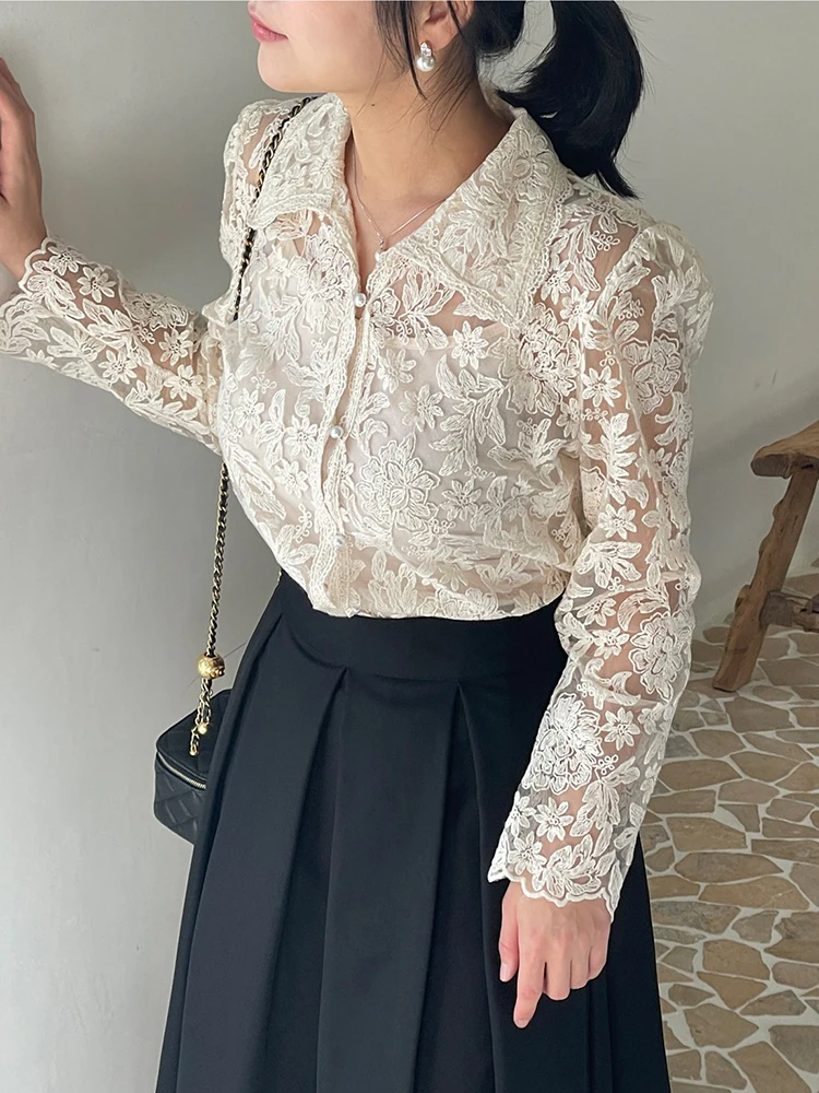 Stylish Embroidered Floral Hollow Out Shirts Fashion Long Sleeve Black Blouse Buttons Tops Shirts 2 Two Pieces Women Outfits