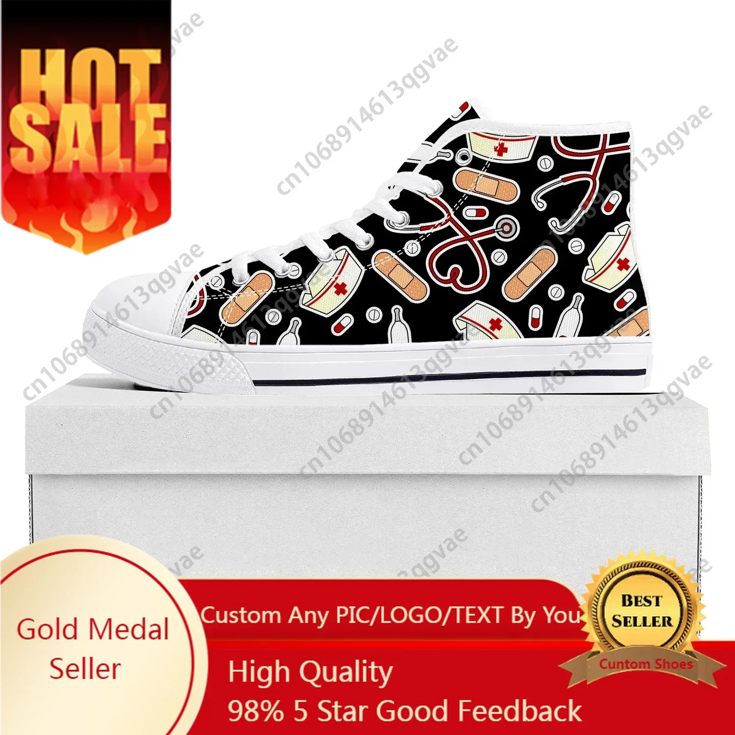 

Hospital Nurse Heart High Top Sneakers Mens Womens Canvas Sneaker Casual Couple Shoes Custom Shoe White
