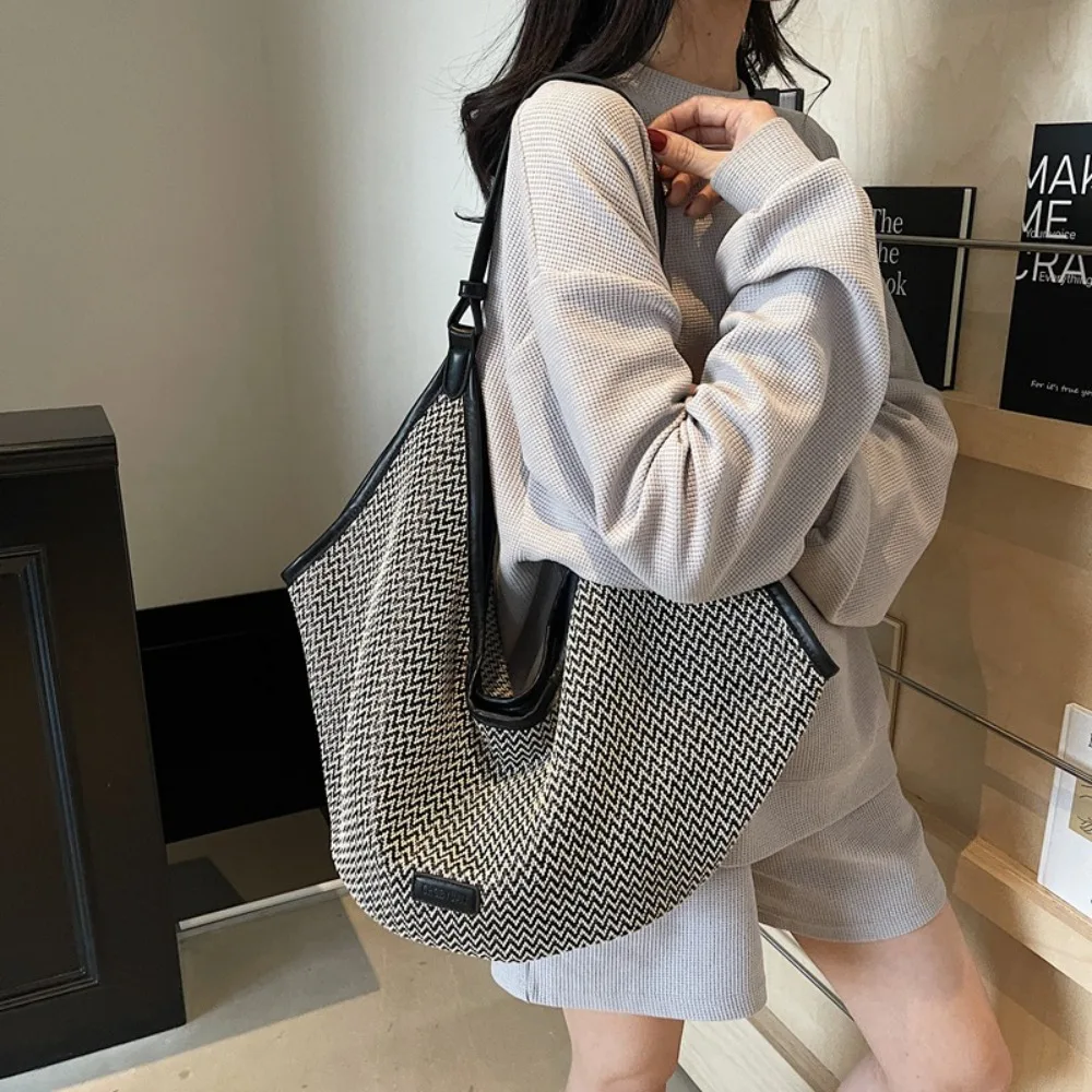 

Large Capacity Beach Tote Bags Plaid 2025 Summer Weaving Shoulder Bags For Women Vacation Handbags Ladies Purse Handbags