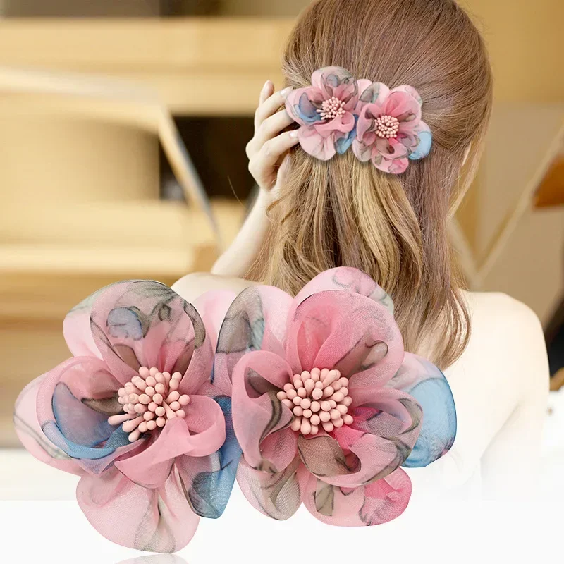 Korean Yarn Flower Hairpins for Women Ladies Hair Clip Spring Clip Headdress Elegant Headpiece Fashion Hair Jewelry Accessories