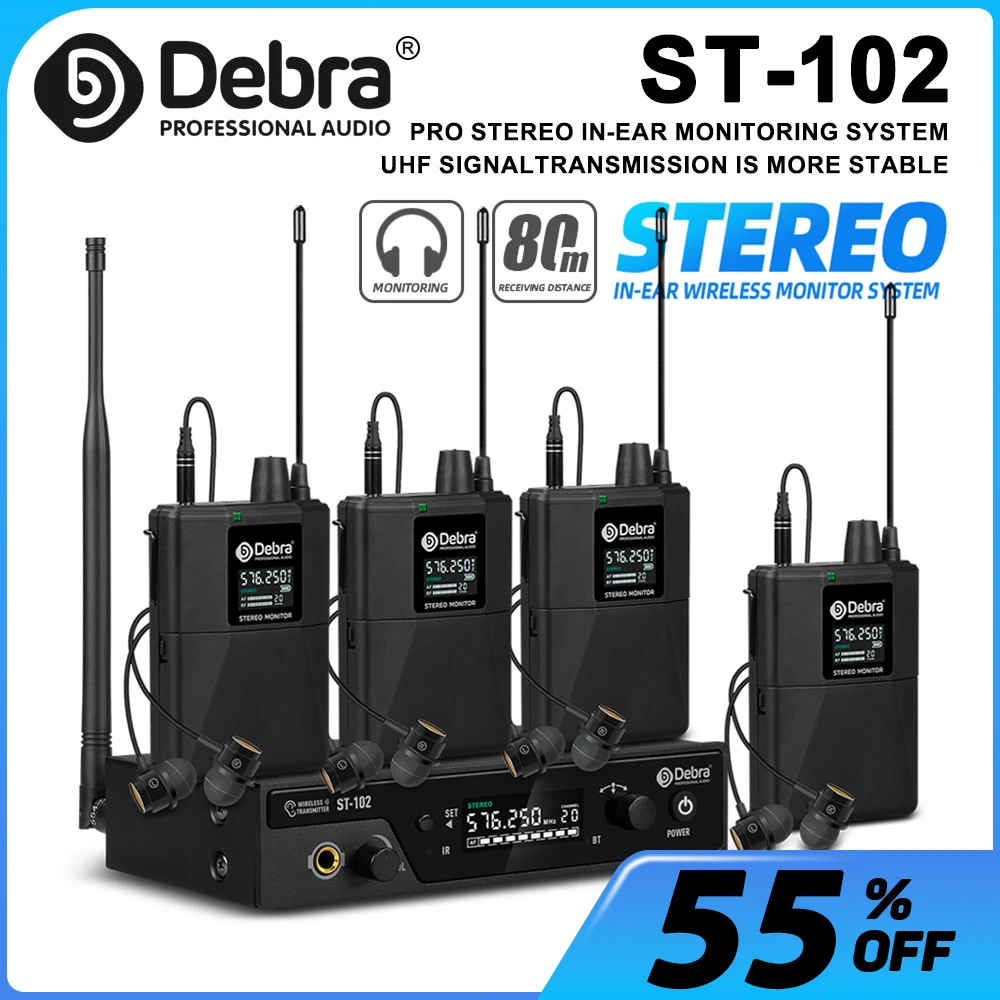 Debra ST-102 UHF Stereo Wireless In-Ear Monitor System with Bluetooth UHF, 80-300 metres, for stage performance, drummers