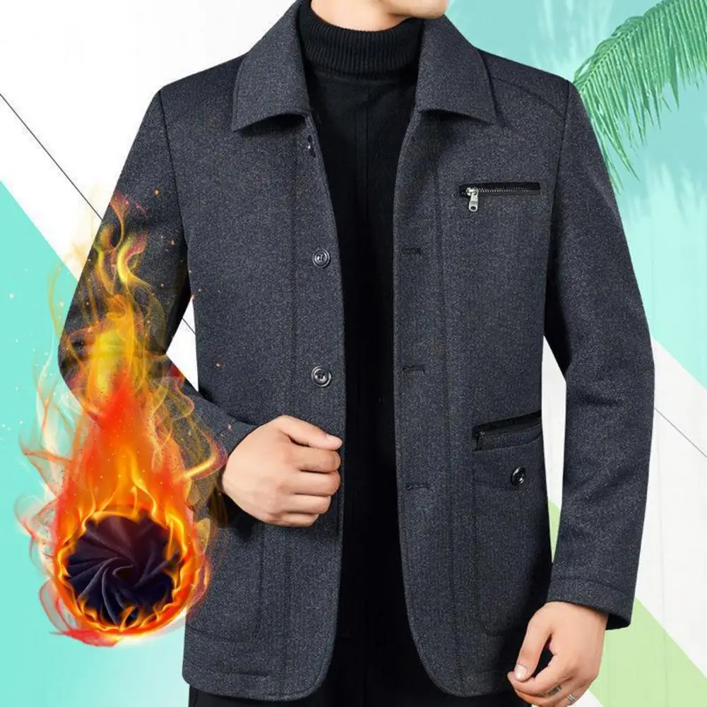 

Men Thickened Jacket Men's Thick Plush Lapel Jacket with Zipper Pockets Warm Winter Coat for Father Plus Size Cardigan in Solid