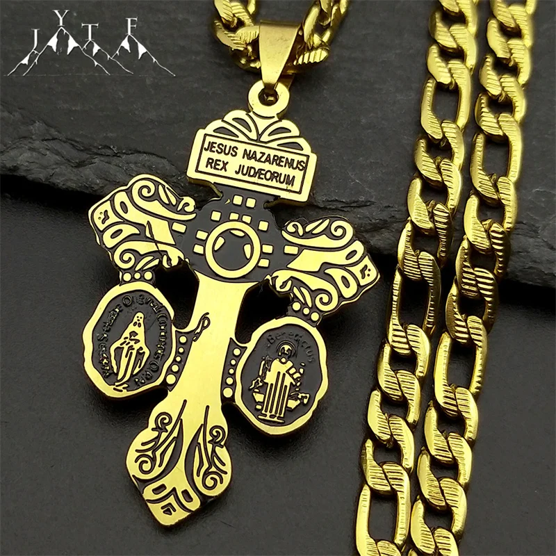 قلادة على شكل صليب يسوع للرجال والنساء من الفولاذ المقاوم للصدأ مطلية بالذهب كاثوليكية سانت بنديكت مريم العذراء مجوهرات تميمة الإيمان #1