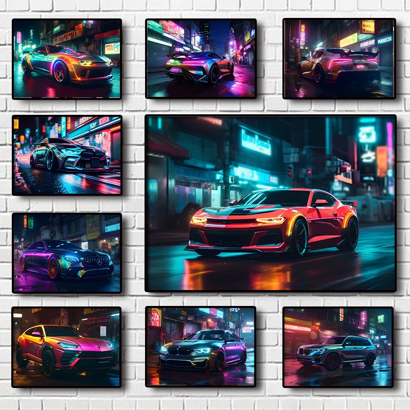 Póster de coche de fama mundial Pop, arte colorido de neón, coches urbanos de lujo, deporte SUV, pintura en lienzo, pared, hogar, sofá, decoración de habitación