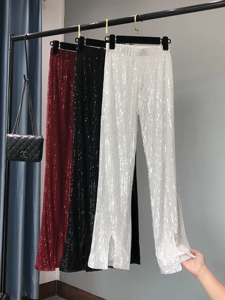 2024 New Autumn and Winter Women\'s Fashionable Shiny White Trousers, Versatile Slimming High Waist Sequined Flared Trousers