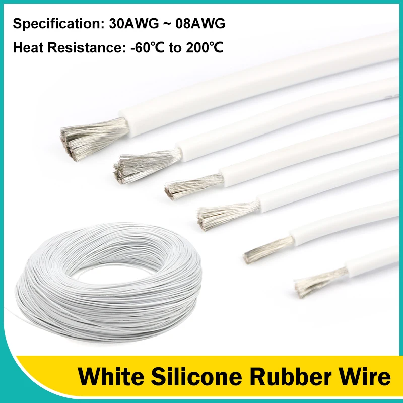 White Flexible Silicone Rubber Wires 30/28/26/24/22/20/18/16/15/14/13/12/10/08 AWG Soft Electric Cables For Car Inverter Battery