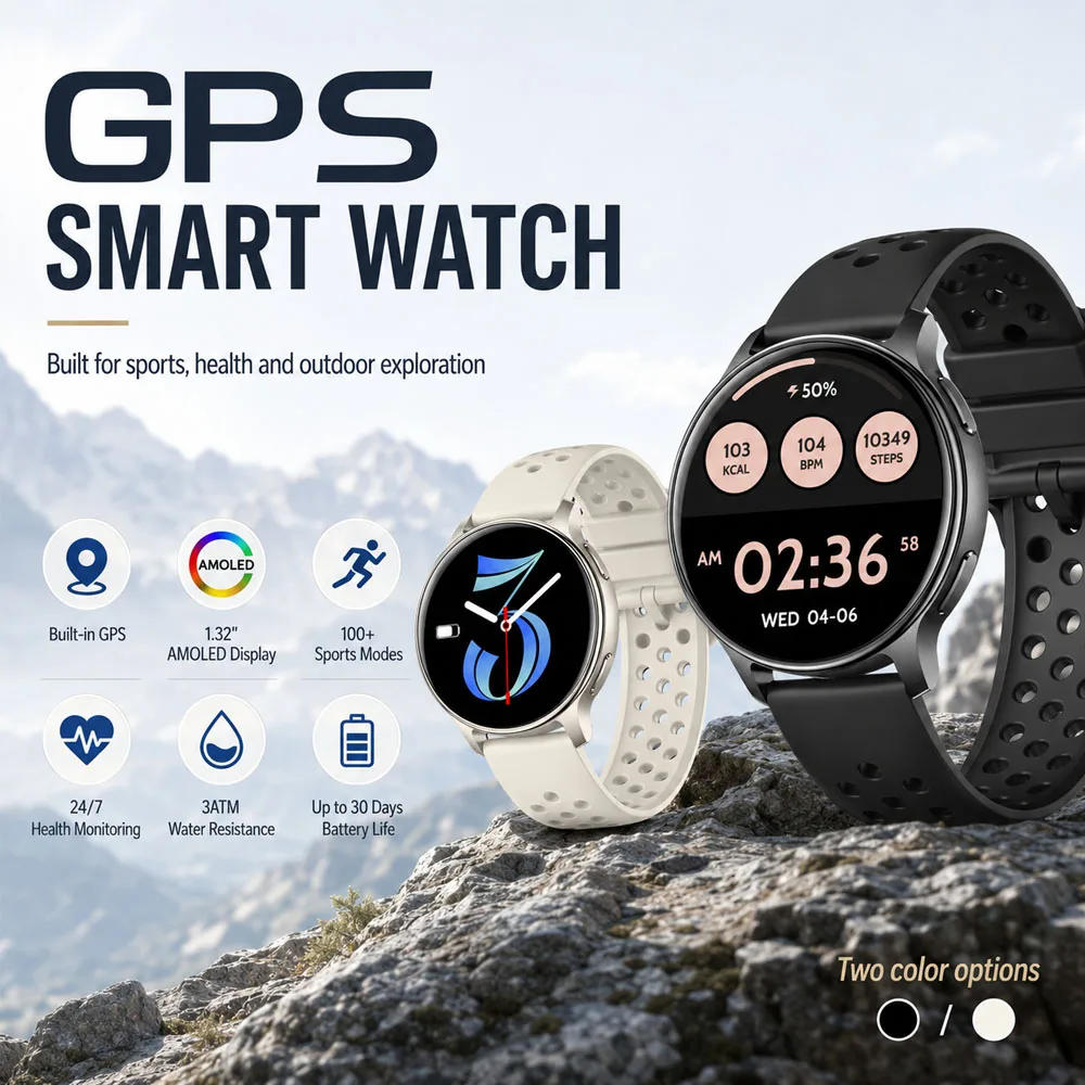 2026 AMOLED GPS Fitness Watch 1.32-inch Full Touch Screen Bluetooth Call 3ATM Waterproof Custom Dials Health Monitor Smart Watch