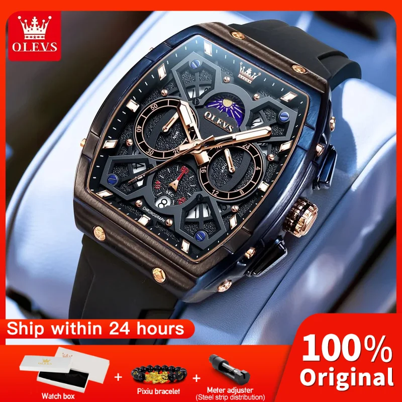 

OLEVS 2942, новые мужские часы, оригинальные кварцевые часы, полые часы, водонепроницаемые светящиеся часы для мужчин, силиконовый ремешок с фазой Луны