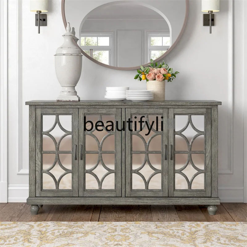

American Retro Solid Wood Sideboard Entrance Hallway Decorative Vintage Wine Cabinet with Integrated Glass Door