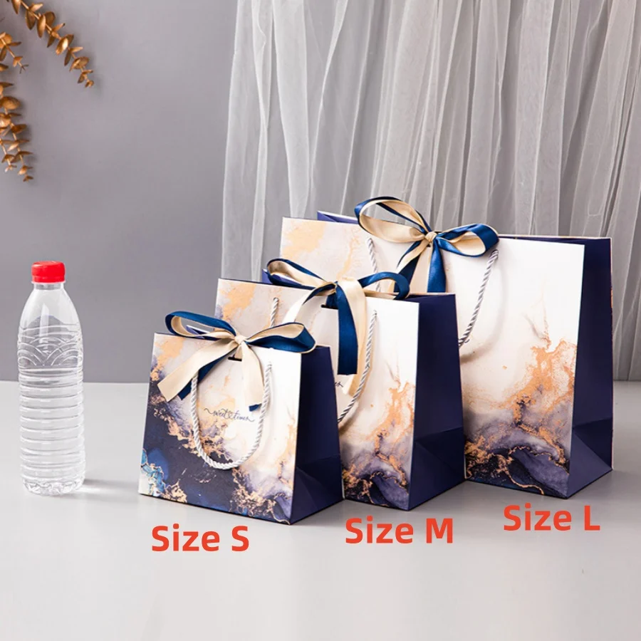 3 قطع من أكياس تغليف الهدايا الورقية بنمط الرخام الأزرق الذهبي مع مقابض للهدايا #5
