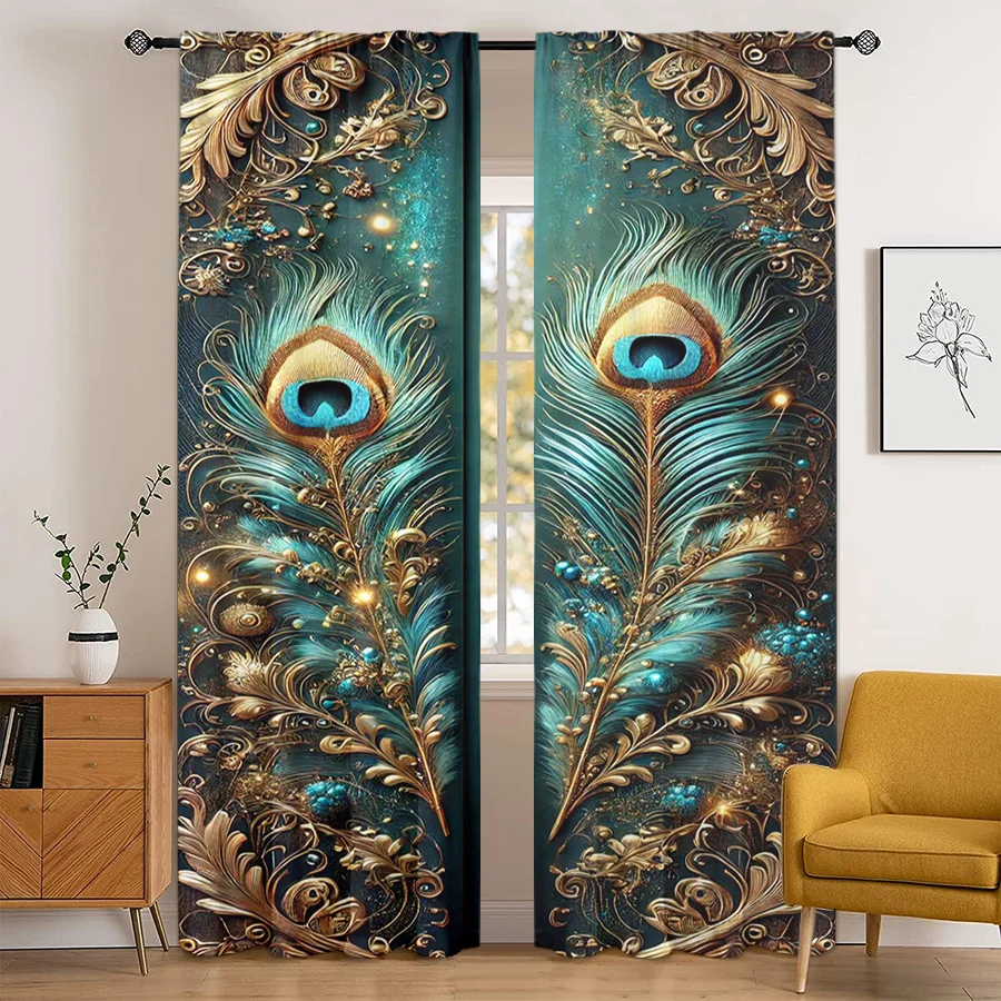2PCS Peacock Feather Print Curtains, Luxury Gold Floral Teal Background Window Drapes for Bedroom Living Room Decor