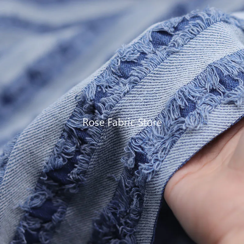 

1 meter Horizontal Stripes Fringed Washed Denim Fabrics Soft Indigo Blue Jeans Fabric DIY Sewing Dress Pants Coat Handcrafts