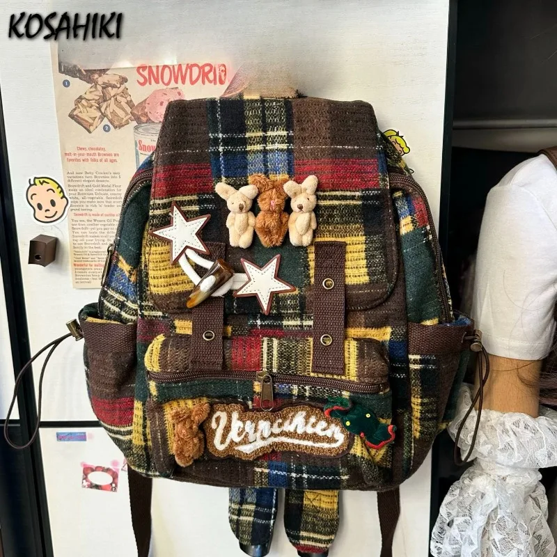 

Лоскутные винтажные клетчатые универсальные уличные сумки для женщин, уличная одежда в стиле Харадзюку, студенческие школьные сумки Y2k, эстетические шикарные рюкзаки