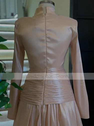Imagen 2 del producto Vestidos de fiesta formales modestos para mujer 2025, vestidos de noche de manga larga con cuello alto, vestido largo de una línea con lazo de cristal para invitados de boda