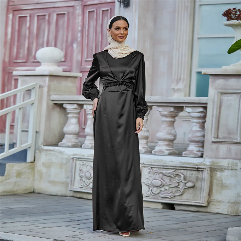 Fashion Muslim Kimono Abaya Ramadan Dress Dubai Turkey Eid Islamic Loose Comfortable Elegant Satin Surface Dresses for Women