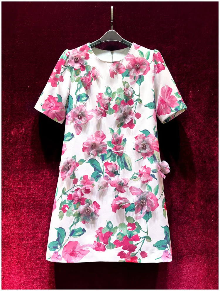 

European and American women's clothes 2024 spring new Round neck petal bead Short sleeve flower print Fashion dress XXL