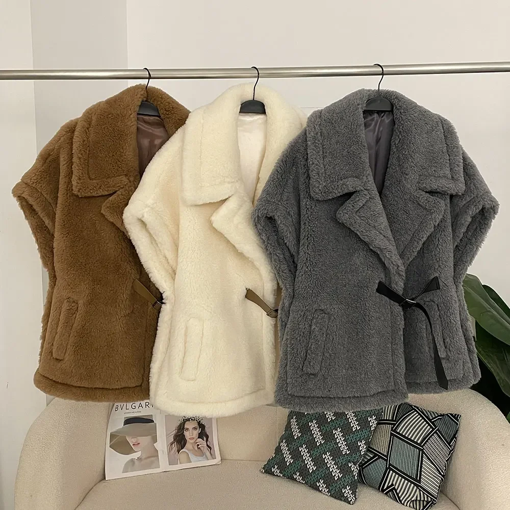 معطف الصوف حزام جلد 2025 تيدي سترة سيدة الشتاء الشارع الشهير تيدي بير جيليه الفراء سترة المرأة كبيرة الحجم أكمام الفراء صدرية #1