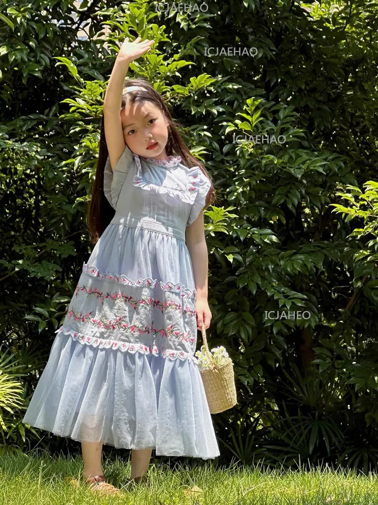 New Girls Dress 2026 Summer Court  Dresses Party Children Costume Vestido Kids Clothes Style Floral Embroidery Puffy Princess view 6