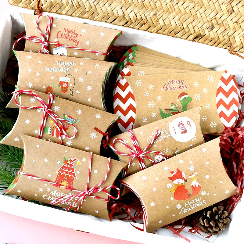 24pcs Christmas Pillow Shape Candy Box Christmas Decoration For Home Kraft Paper Gift Box Navidad 2024 New Year Packaging Bags