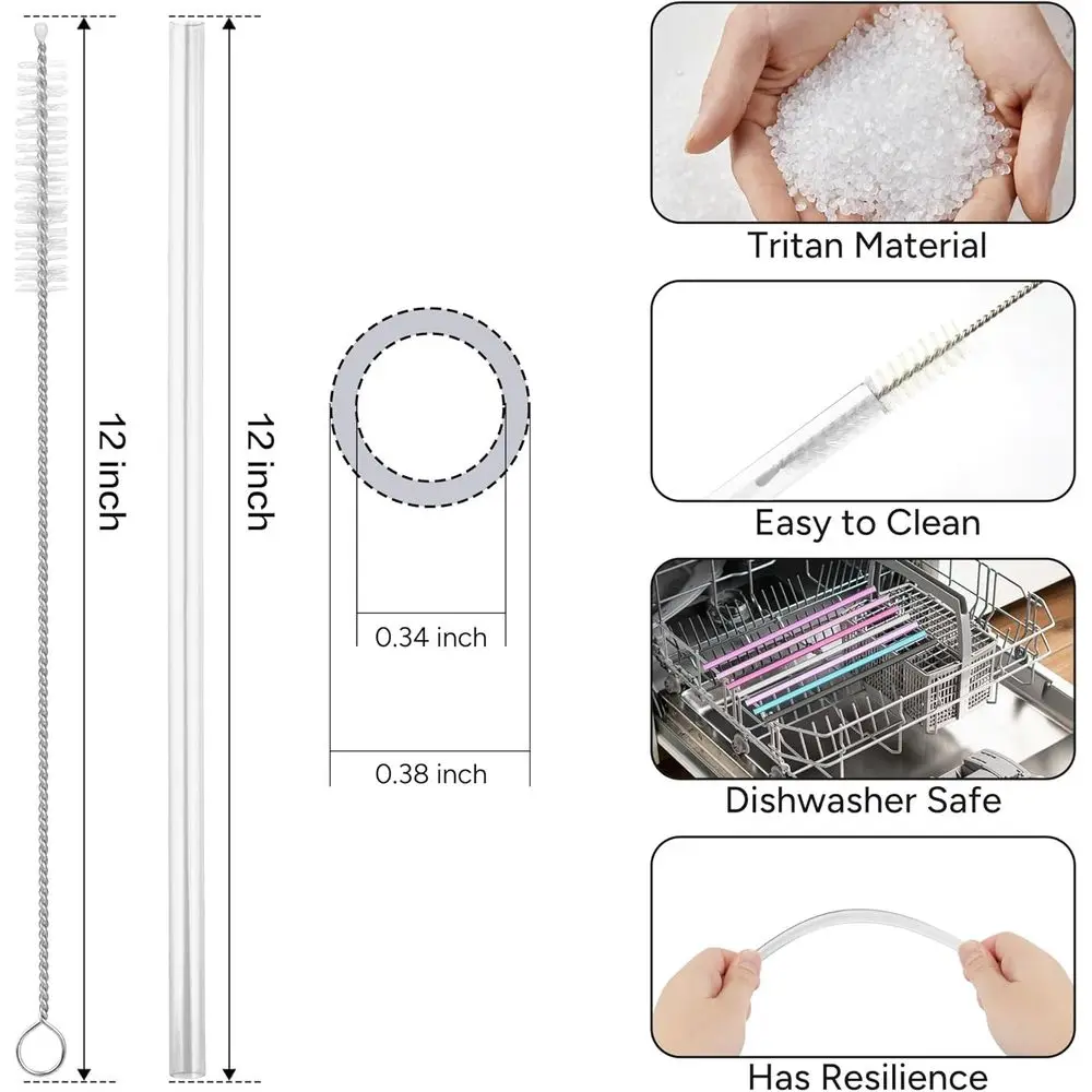 12-Inch Long Reusable Plastic Straws, 6-Pack, Suitable for 40 oz Tumblers and Cups, Clear