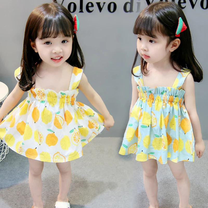 Korean Style Baby Girl Dresses Kids Fashion Casual Cute Elastic Band Fruit Print Suspender Dress Summer Children Beach Skirt