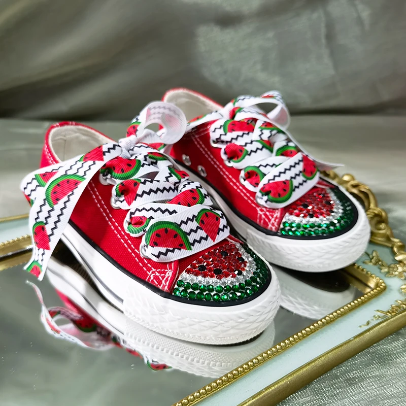 Canvas Shoe Custom Handmade Watermelon Low-Top Canvas Light Up Casual Flats Kids Crystal Girl Boys Sneakers