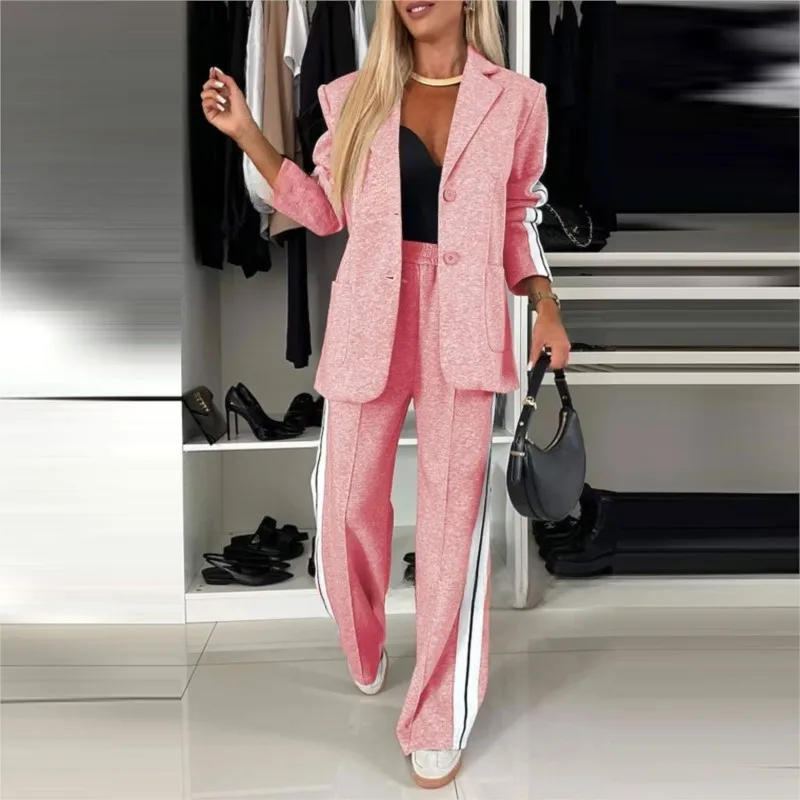 Neue Frühling Herbst Mode Blazer Set Frauen Casual-Taste Schlank Gestreiften Anzüge Jacke Lose Hohe Taille Lange Hosen Zwei Stück Sets