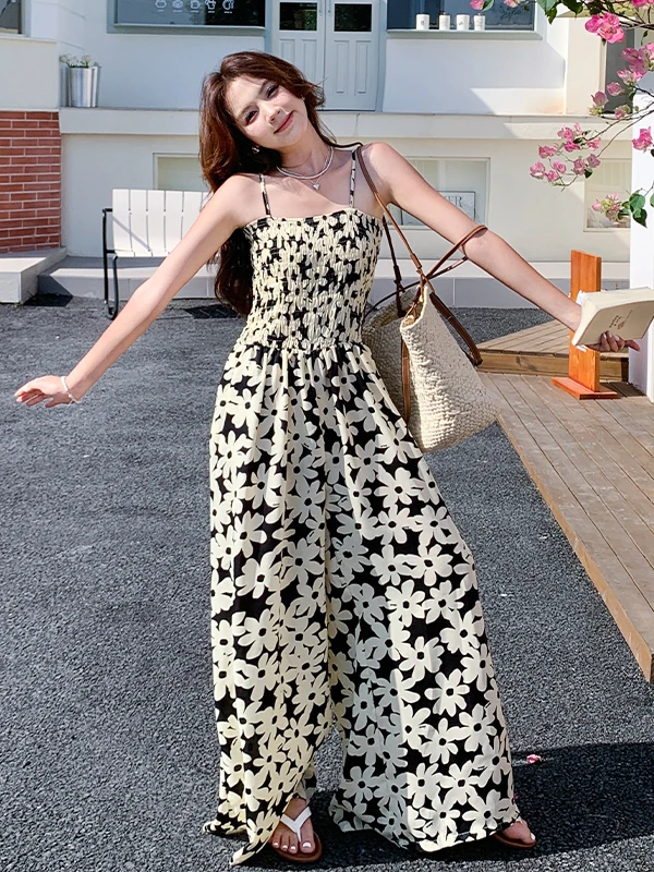 Pantalones de una pieza con estampado Floral para mujer, Vaion Sle, holgados, de pierna ancha, informales, adelgazantes, de cintura alta, largos, verano