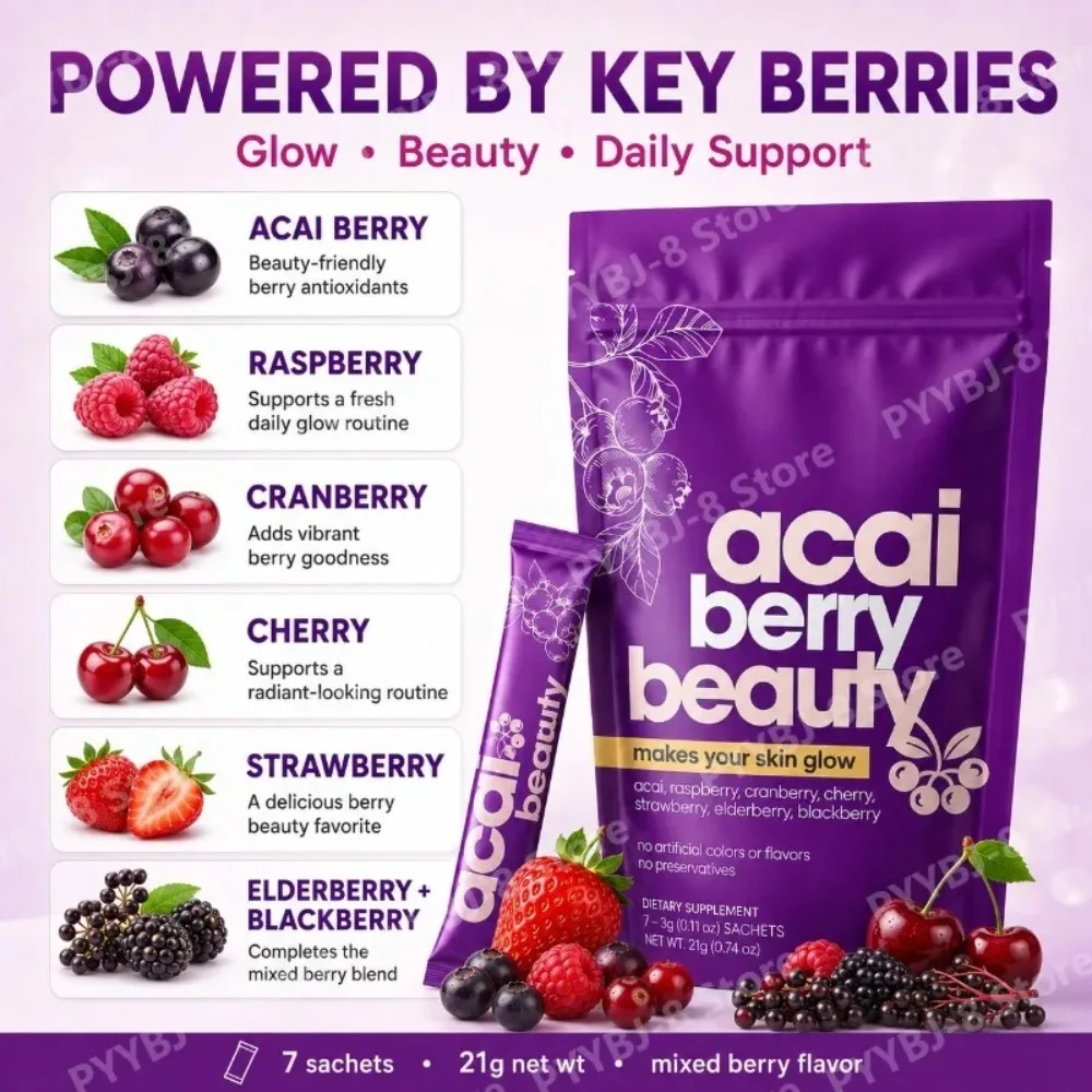Beauty Berry Drink Powder for Daily Glow Support | Acai Raspberry Cranberry Elderberry Blend | 7 Sachets | Natural Antioxidant