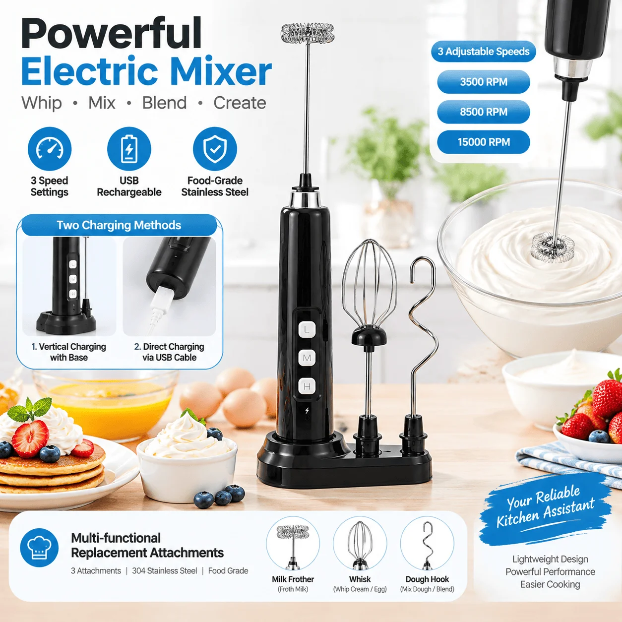 Mini USB Rechargeable Electric Frother Handheld Mixer 3 Speed Milk Whisk with Multiple Attachments for Coffee Cappuccino Latte Matcha Egg White Cream Smoothie Baking Cooking Kitchen Tool Compact Portable Design Easy to Use