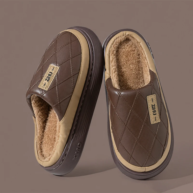 Men Fashion PU Leather Fleece Lined Slippers Winter Indoor Outdoor Waterproof Anti Slip Shoes Man Soft Lightweight EVA Slippers