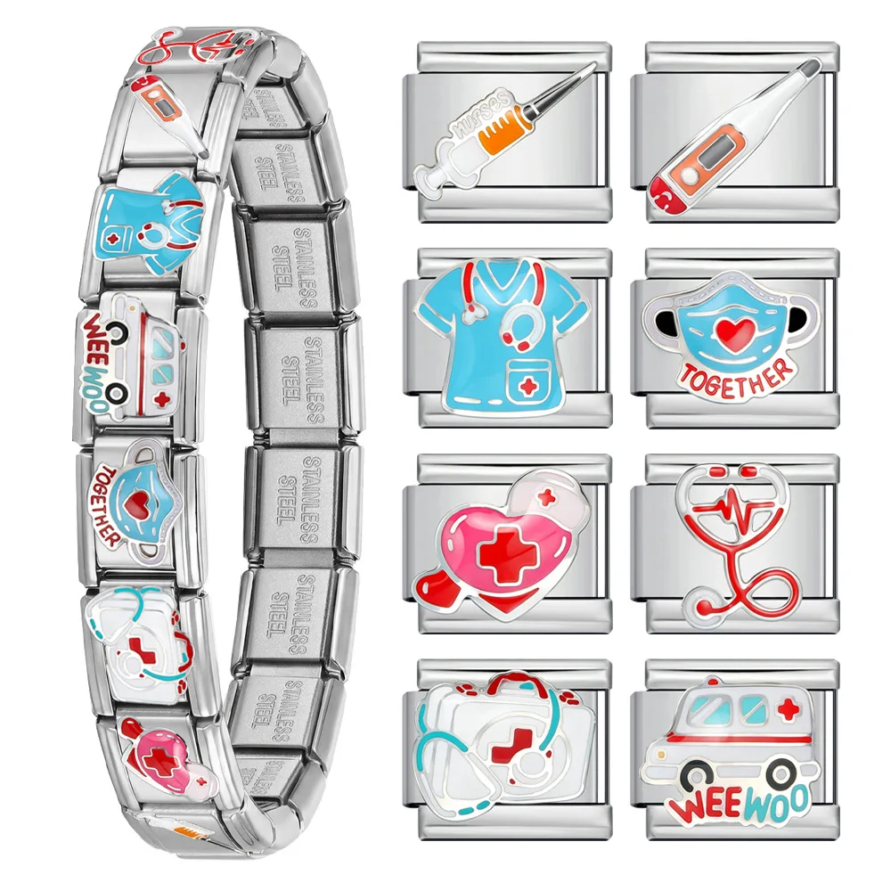 Medical Theme Nurse Italian Charms Stethoscope Ambulance Enamel Links Fit 9mm Module Bracelet Doctor EMT DIY Making Jewelry Gift