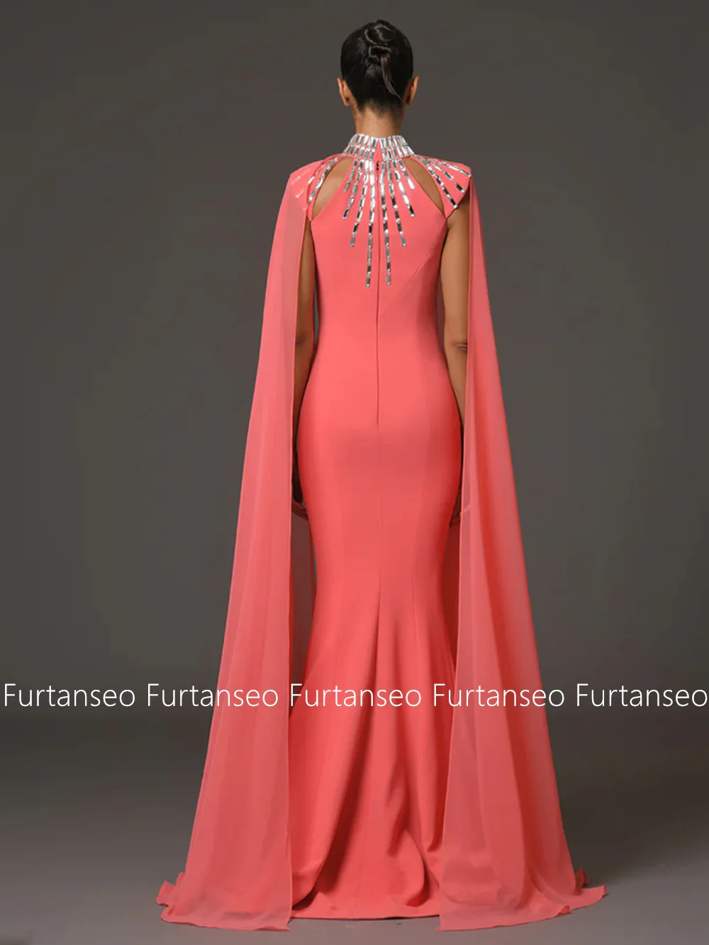 Coral Prom Dress for Woman Halter Chiffon Cape Customized Silver Rhinestone Sweep Train Mermaid Evening Gown فساتين سهرات