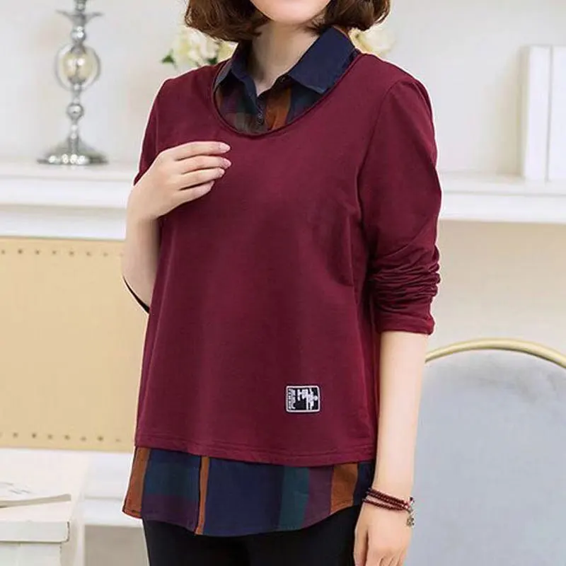 Women\'s Clothing Casual Loose Polo-Neck Pullovers Spring Autumn Standard Solid Color Patchwork All-match Fashion Button T-shirt