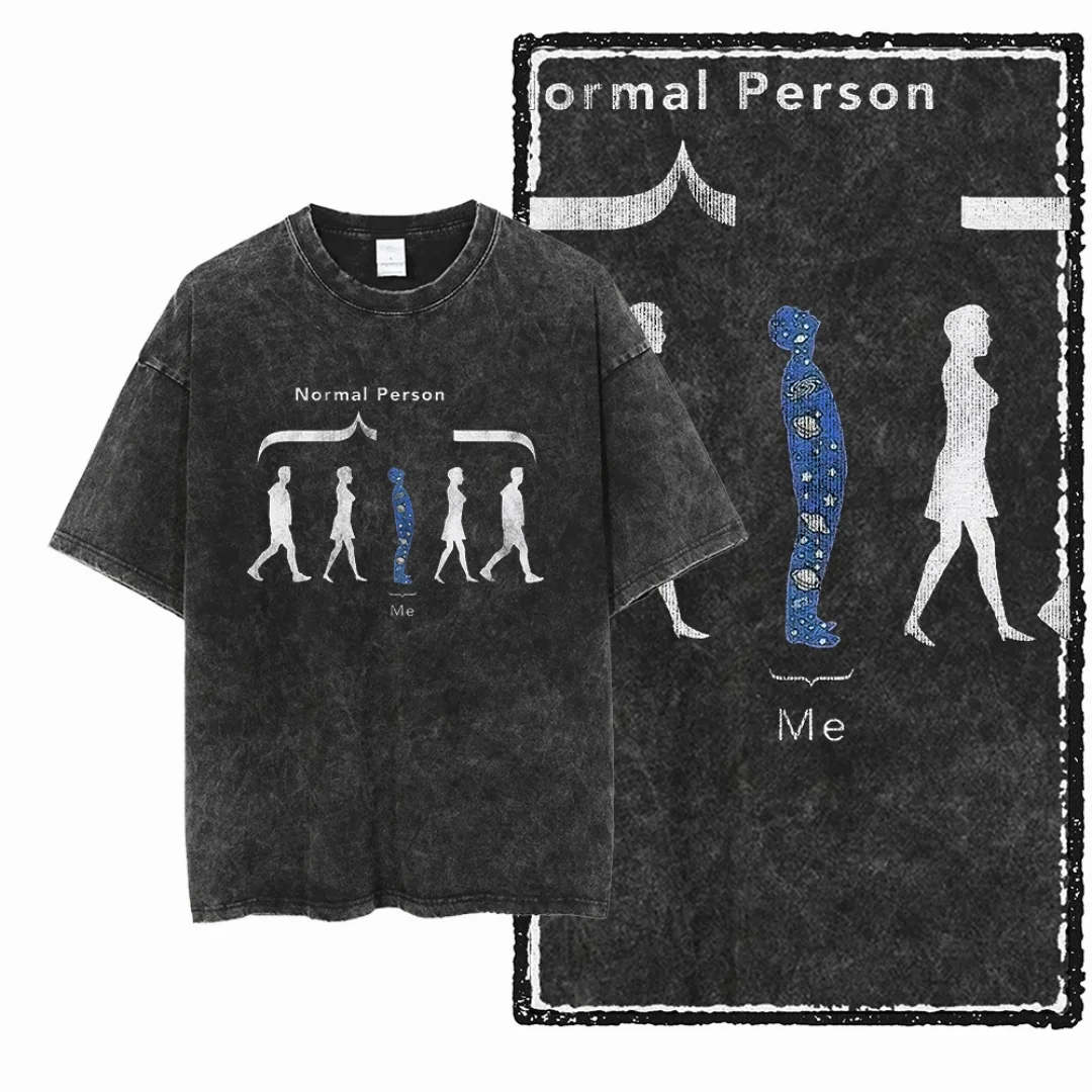 

Vintage Washed Normal Person Graphic Print Men's Oversized Tshirt Male Casual Loose Retro Tee Comfortable Soft Streetwear Tshirt