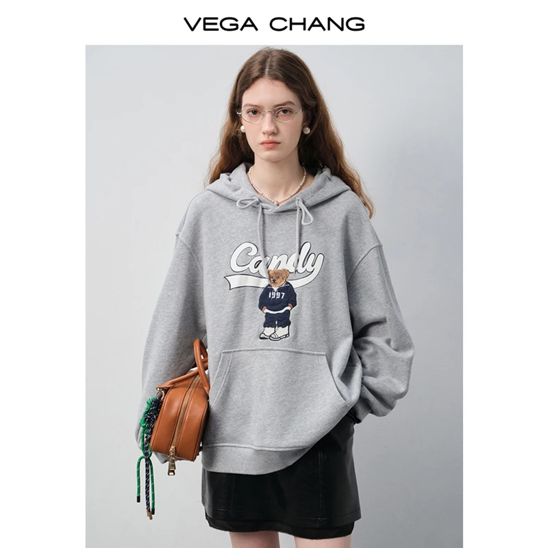 Vega Chang الخريف والشتاء المرأة الجديدة مقنعين البلوز الأمريكية الرجعية الدب طباعة العصرية بارد لطيف فضفاض الأعلى
