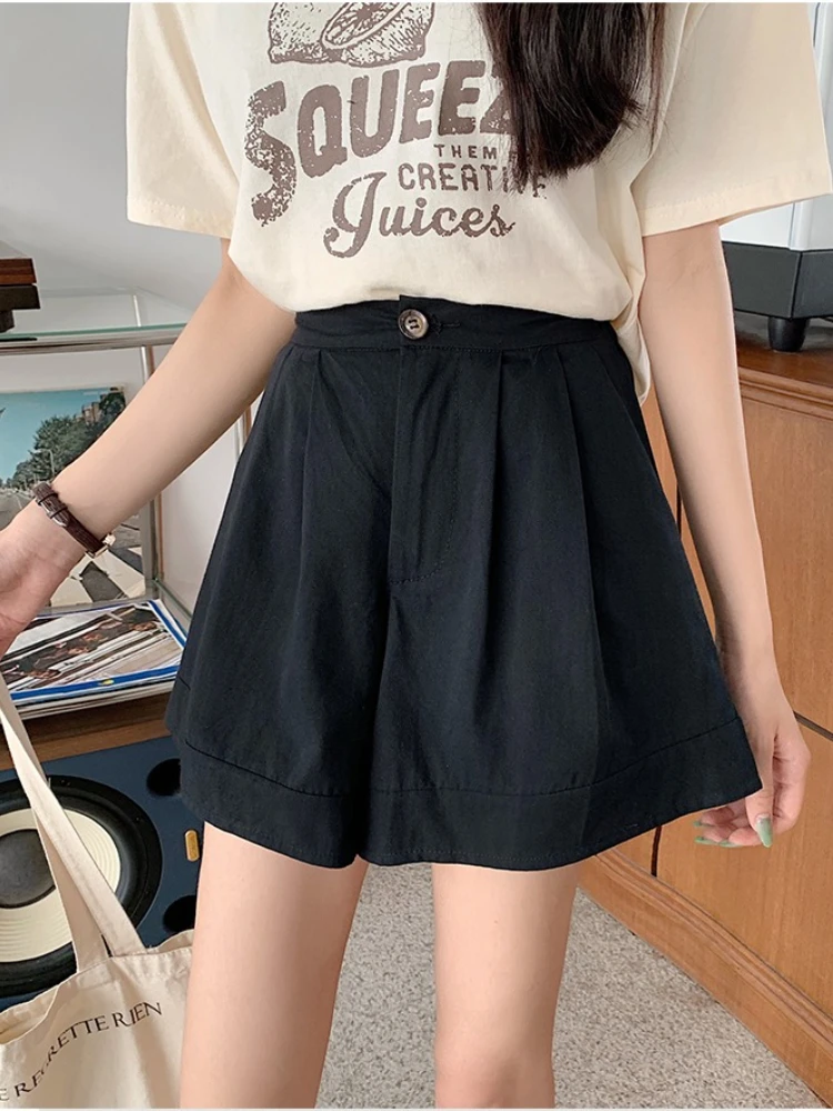 Short ample en pur coton pour femmes, jambe droite, fin, décontracté, couleur unie, pantalon court, Style collège coréen, été 2025