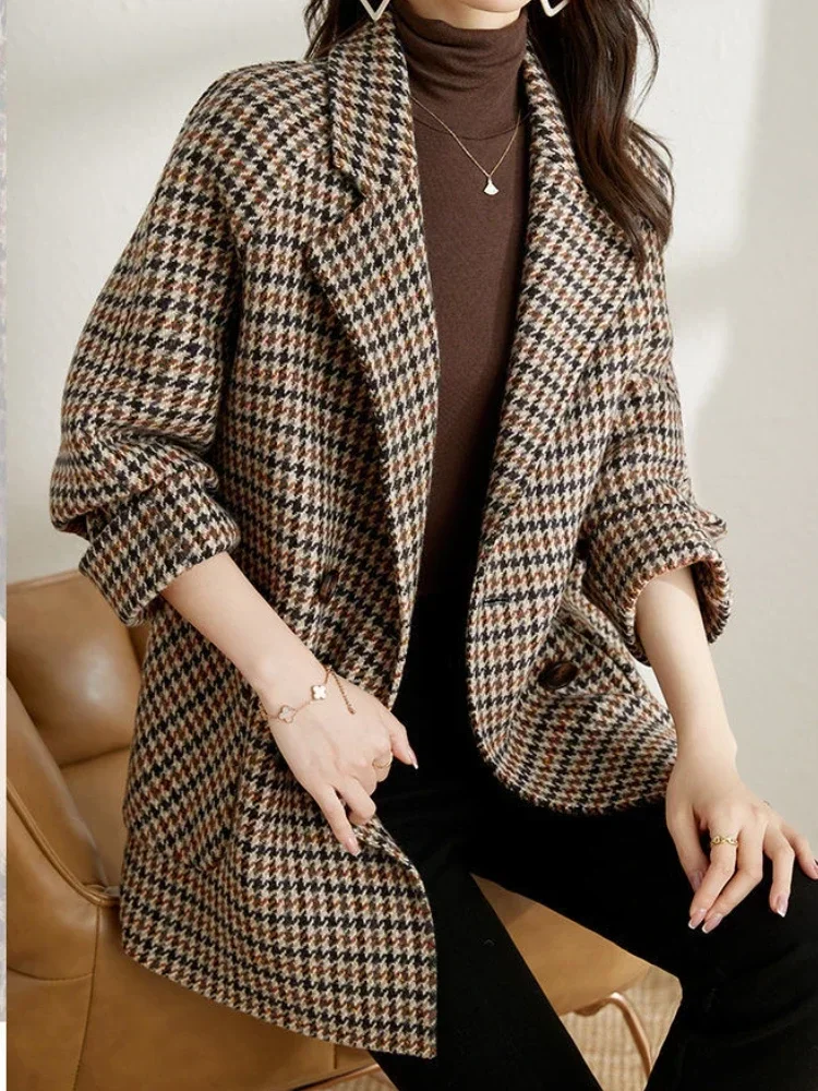 Vintage Houndstooth Women Woolen Blazer Double Breasted Plaid Female Suit Jacket Fashion Korean Outerwear Loose Blaser Coat A190