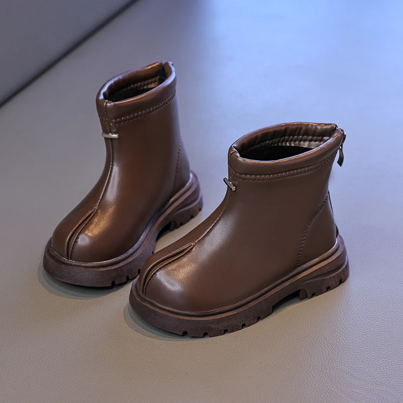 Kids Fleece Lined Boots Black Brown Girls Ankle Cotton Boots Simple Round-toe Outdoor Thermal Children's Platform Plush Boots